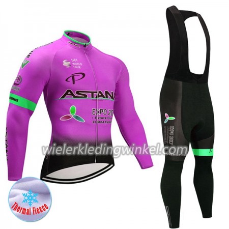 Set Fietsshirt Lange Mouw + Lange Koersbroek 2017 Astana Pro Team N003 Winter Thermal Fleece